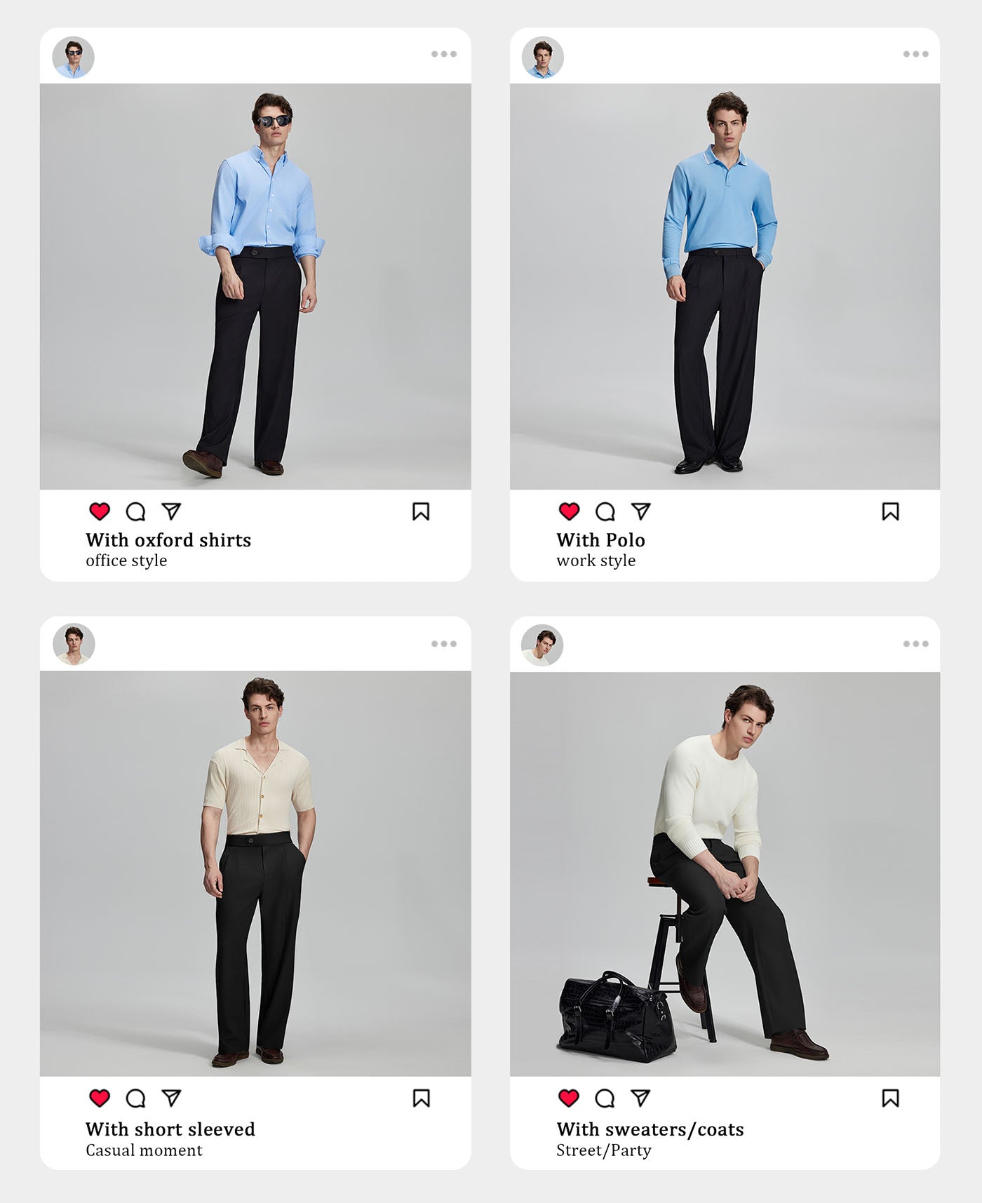 Four styling scenarios: oxford shirt (business), polo (commute), short sleeve knit (casual), sweater/outerwear (street/party) with Baggy Pleated Dress Pants for Men.