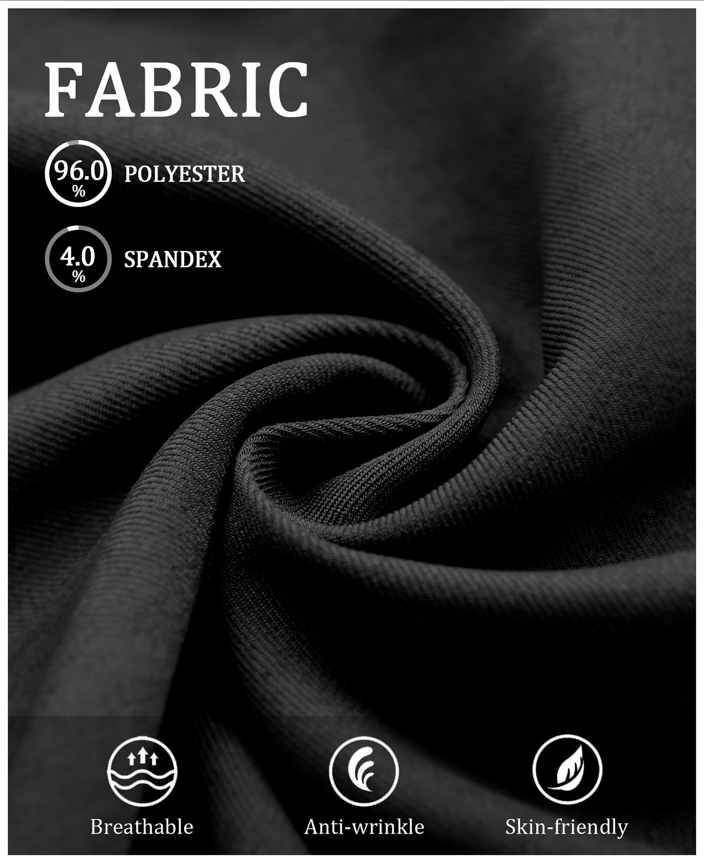 Fabric blend of 96% polyester & 4% spandex, noted for breathability, wrinkle-resistance, and skin-friendliness on these Black Baggy Pleated Dress Pants for Men.