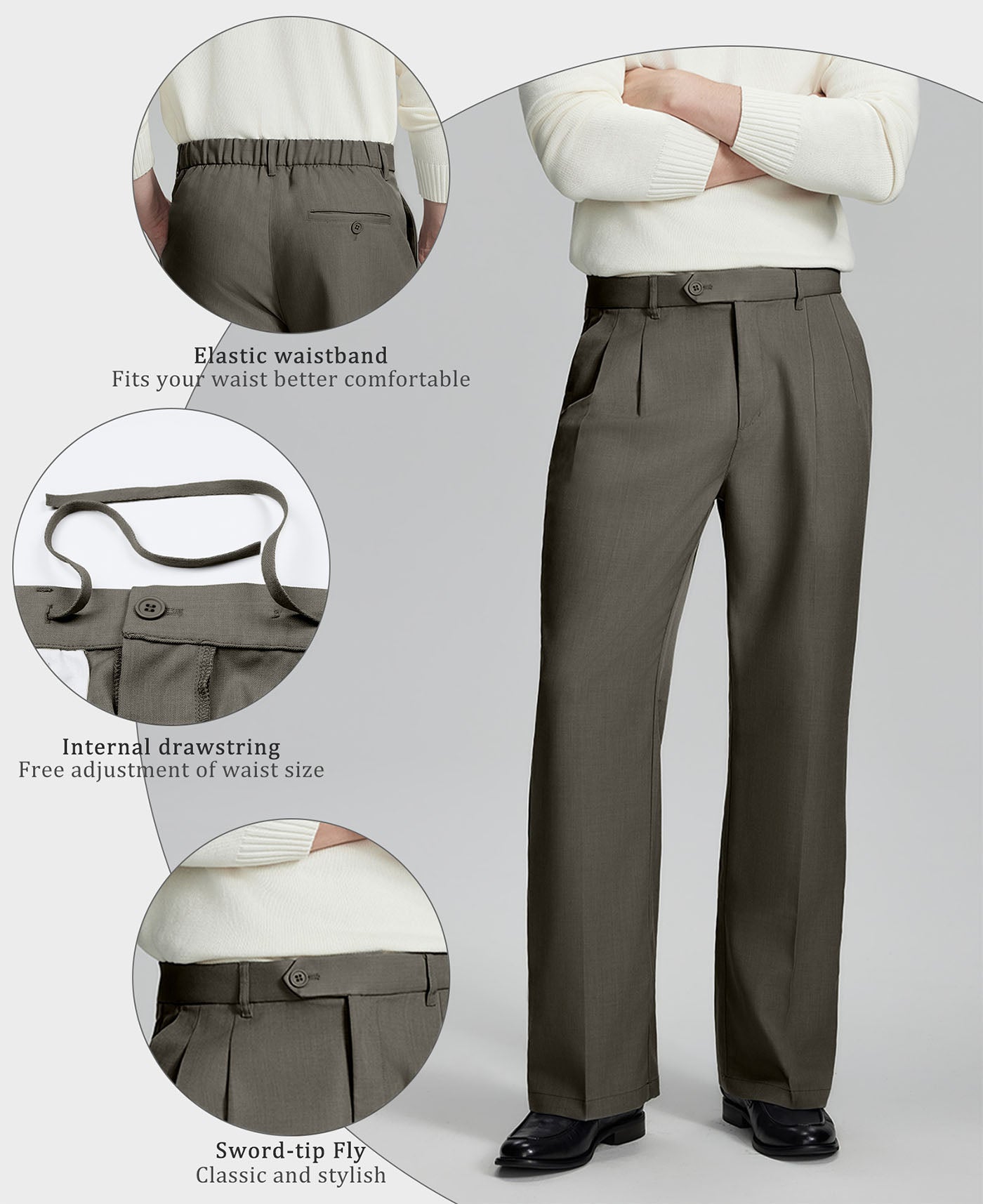 Highlights: Elastic waistband (comfort), inner drawstring (adjustable fit), sword-shaped fly (classic touch) on Brown Baggy Pleated Dress Pants for Men.