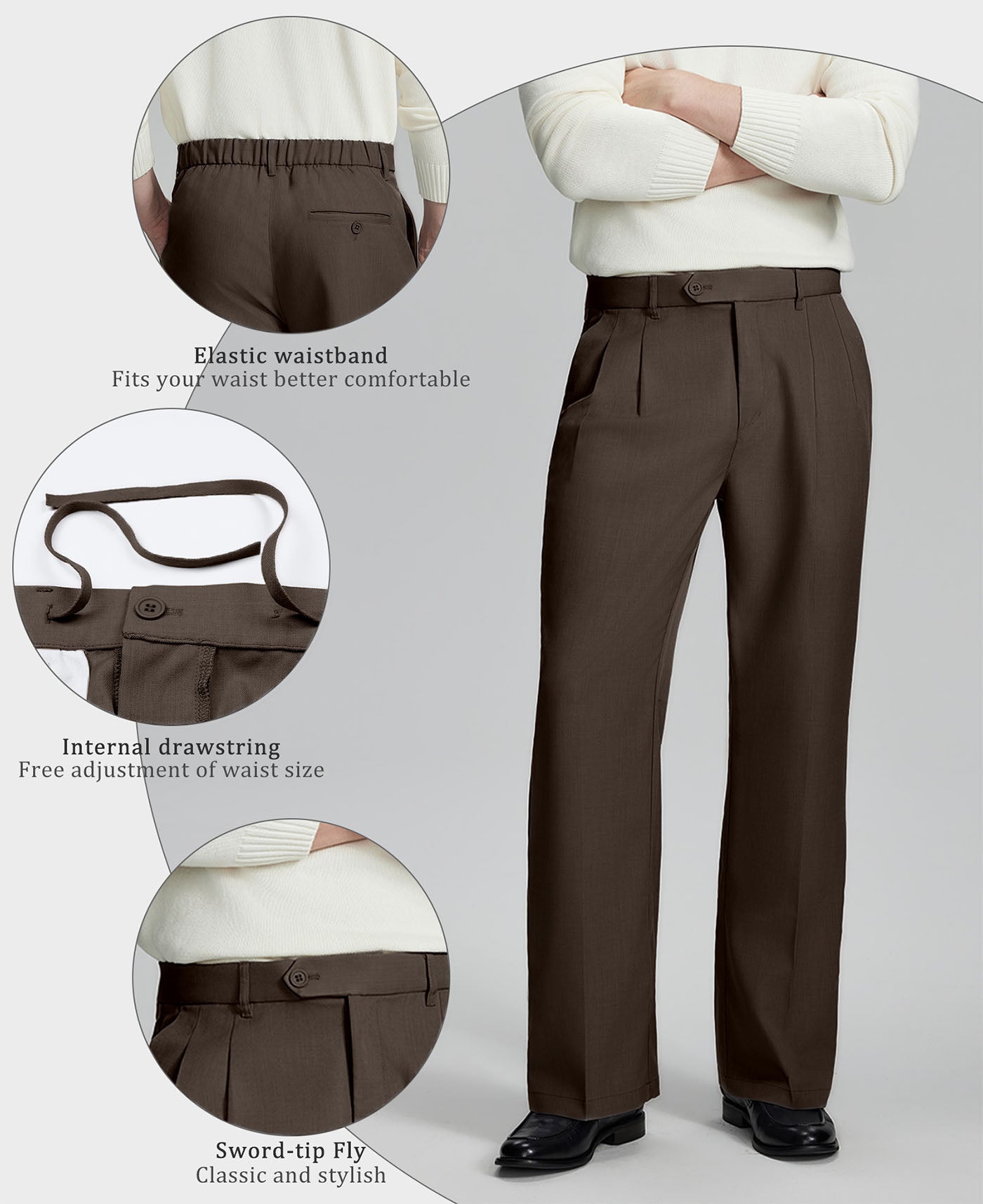 Highlights: Elastic waistband (comfort), inner drawstring (adjustable fit), sword-shaped fly (classic touch) on Coffee Baggy Pleated Dress Pants for Men.