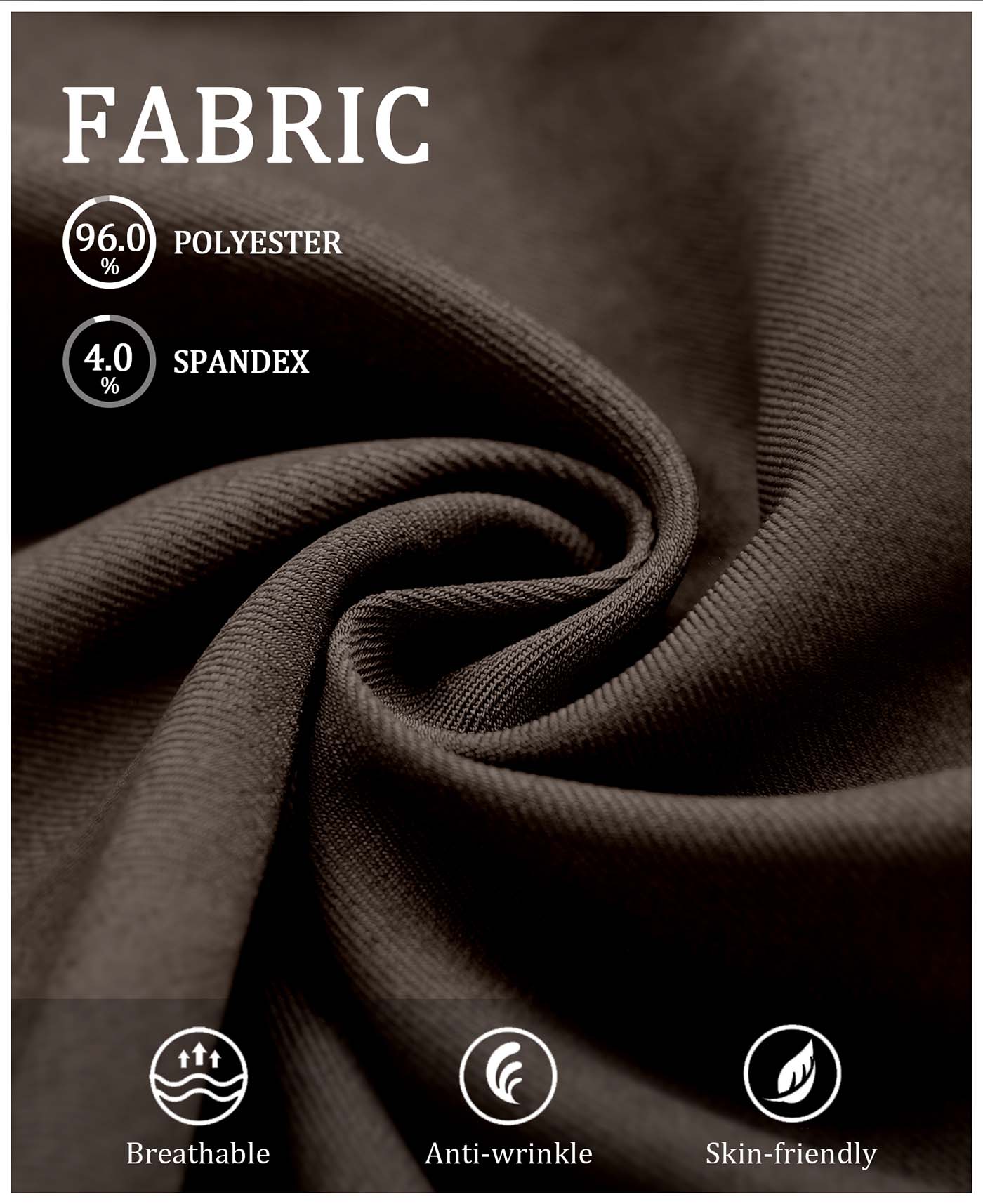 Fabric blend of 96% polyester & 4% spandex, noted for breathability, wrinkle-resistance, and skin-friendliness on these Coffee Baggy Pleated Dress Pants for Men.