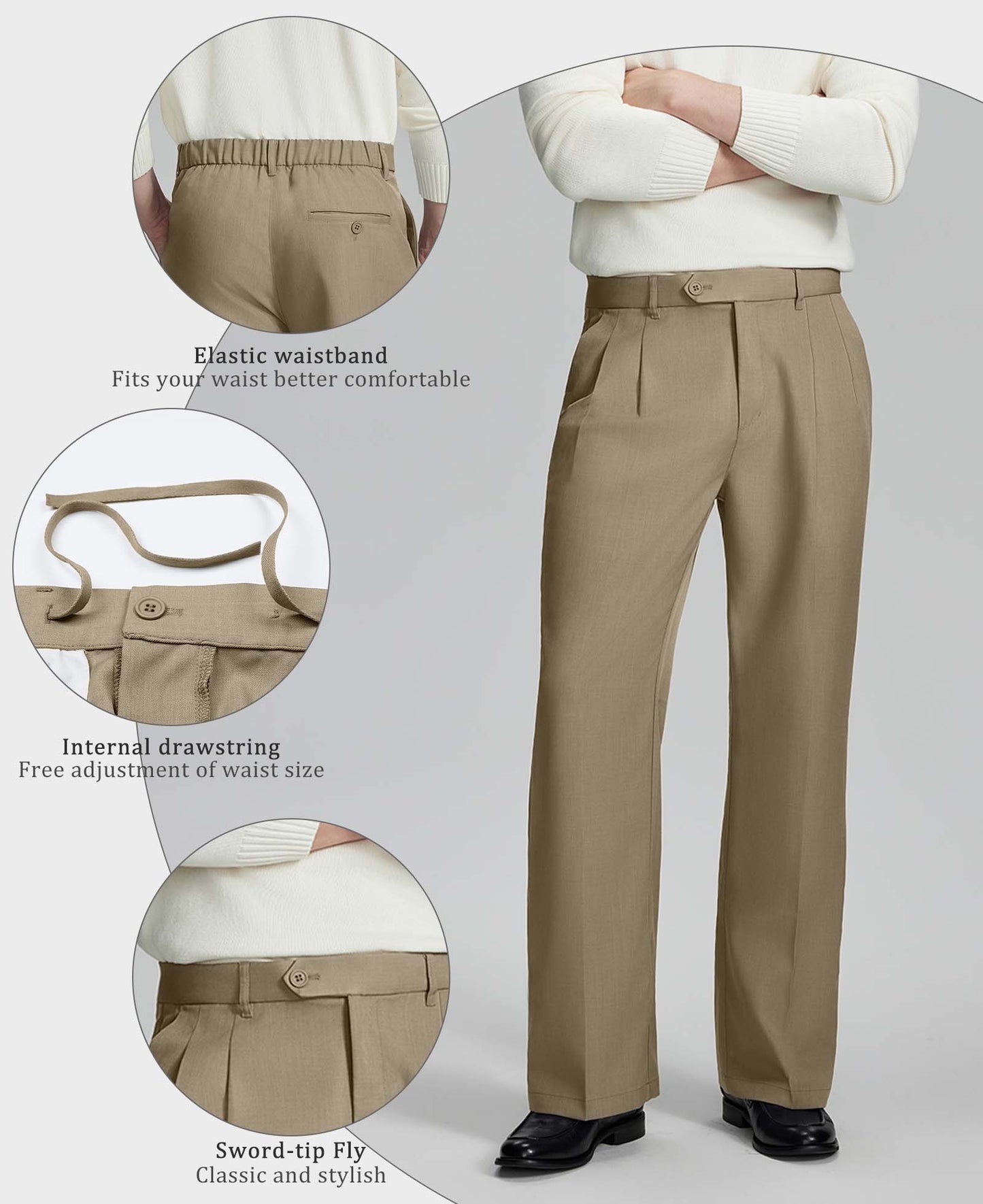 Highlights: Elastic waistband (comfort), inner drawstring (adjustable fit), sword-shaped fly (classic touch) on Khaki Baggy Pleated Dress Pants for Men.