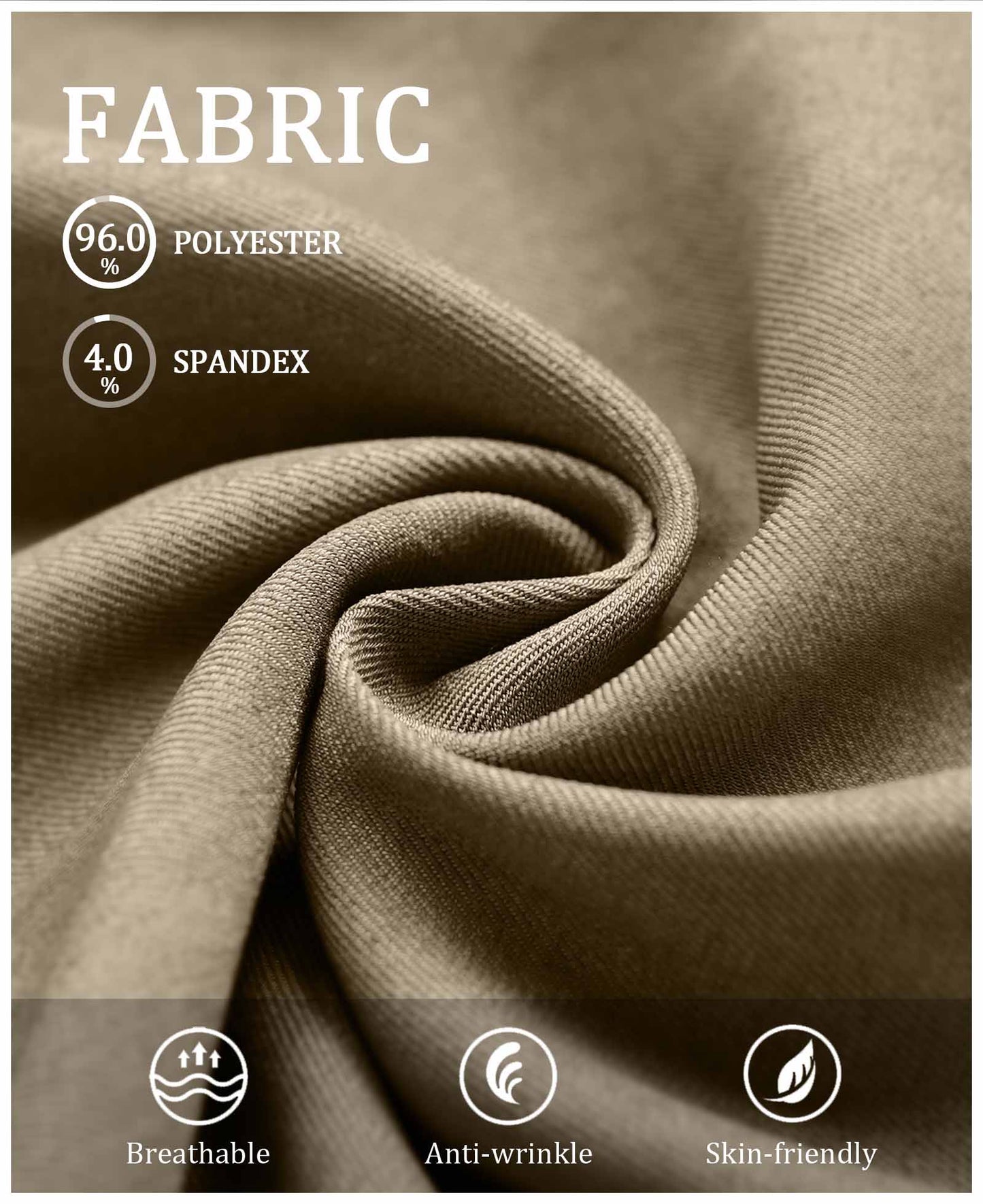 Fabric blend of 96% polyester & 4% spandex, noted for breathability, wrinkle-resistance, and skin-friendliness on these Khaki Baggy Pleated Dress Pants for Men.
