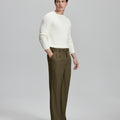 Back view of men's light brown dress pants showing elastic waistband and back pockets, emphasizing the silhouette of Extended Tab & Inner Drawstring design.