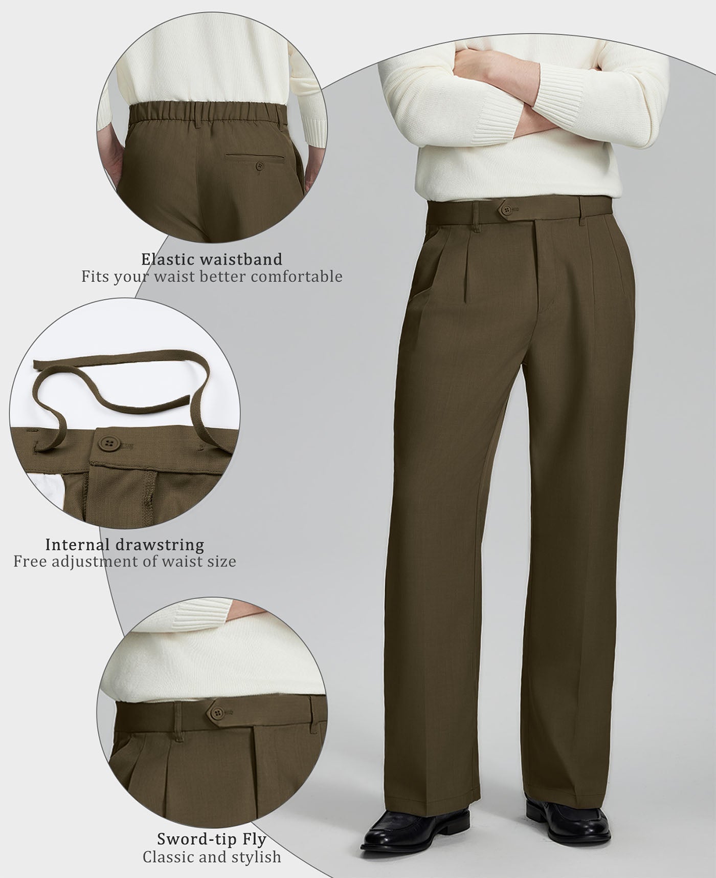 Highlights: Elastic waistband (comfort), inner drawstring (adjustable fit), sword-shaped fly (classic touch) on Light Brown Baggy Pleated Dress Pants for Men.