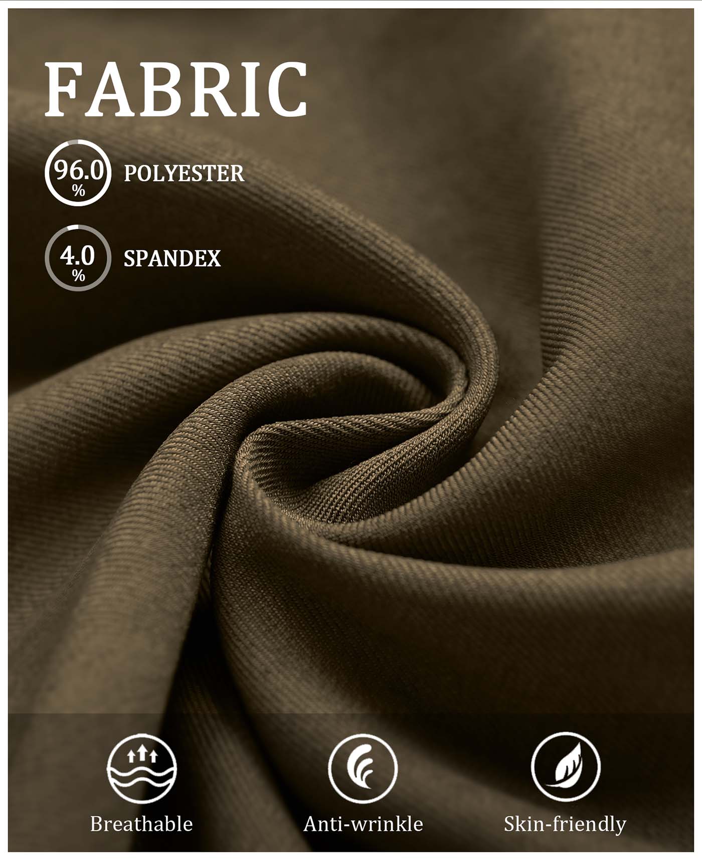 Fabric blend of 96% polyester & 4% spandex, noted for breathability, wrinkle-resistance, and skin-friendliness on these Light Brown Baggy Pleated Dress Pants for Men.