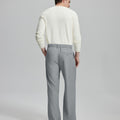 Back view of men's light grey dress pants showing elastic waistband and back pockets, emphasizing the silhouette of Extended Tab & Inner Drawstring design.
