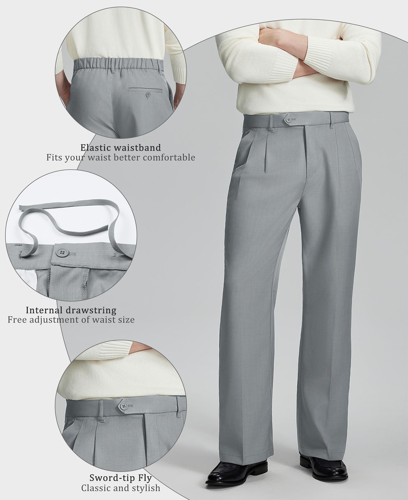 Highlights: Elastic waistband (comfort), inner drawstring (adjustable fit), sword-shaped fly (classic touch) on Light Grey Baggy Pleated Dress Pants for Men.