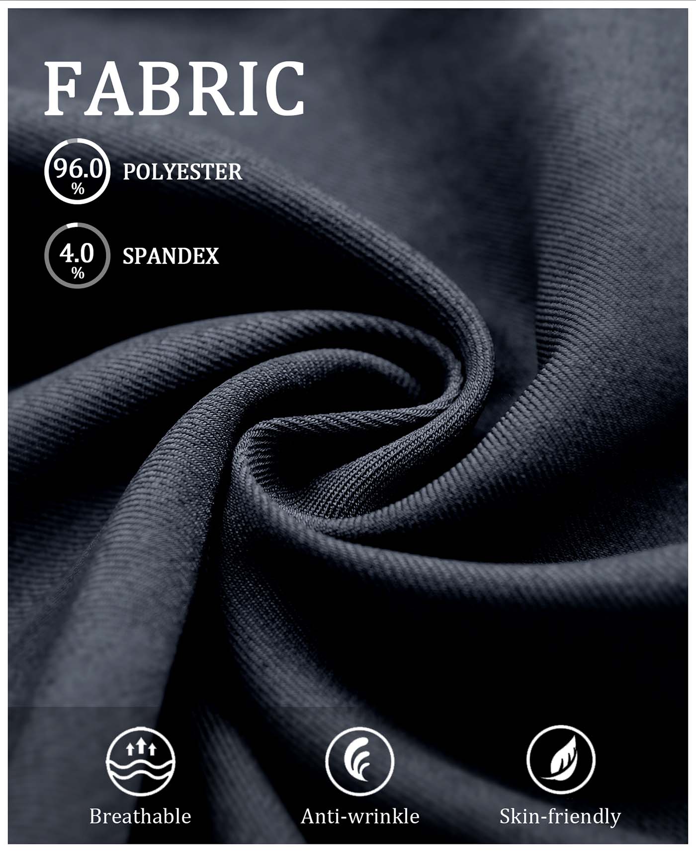 Fabric blend of 96% polyester & 4% spandex, noted for breathability, wrinkle-resistance, and skin-friendliness on these Navy Blue Baggy Pleated Dress Pants for Men.