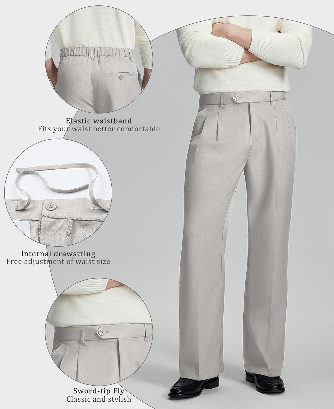 Highlights: Elastic waistband (comfort), inner drawstring (adjustable fit), sword-shaped fly (classic touch) on Baggy Pleated Dress Pants for Men.