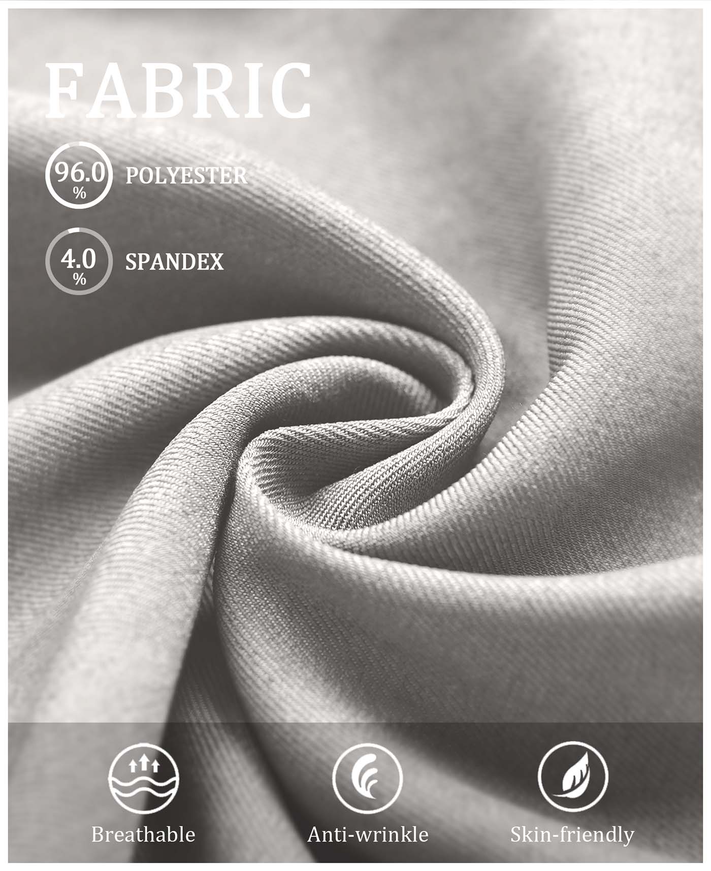 Fabric blend of 96% polyester & 4% spandex, noted for breathability, wrinkle-resistance, and skin-friendliness on these Baggy Pleated Dress Pants for Men.