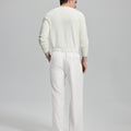 Back view of men's white dress pants showing elastic waistband and back pockets, emphasizing the silhouette of Extended Tab & Inner Drawstring design.