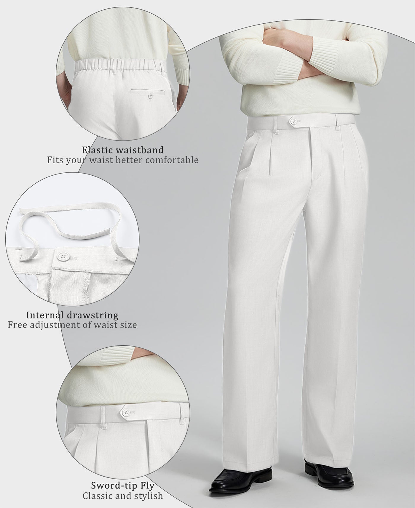 Highlights: Elastic waistband (comfort), inner drawstring (adjustable fit), sword-shaped fly (classic touch) on White Baggy Pleated Dress Pants for Men.