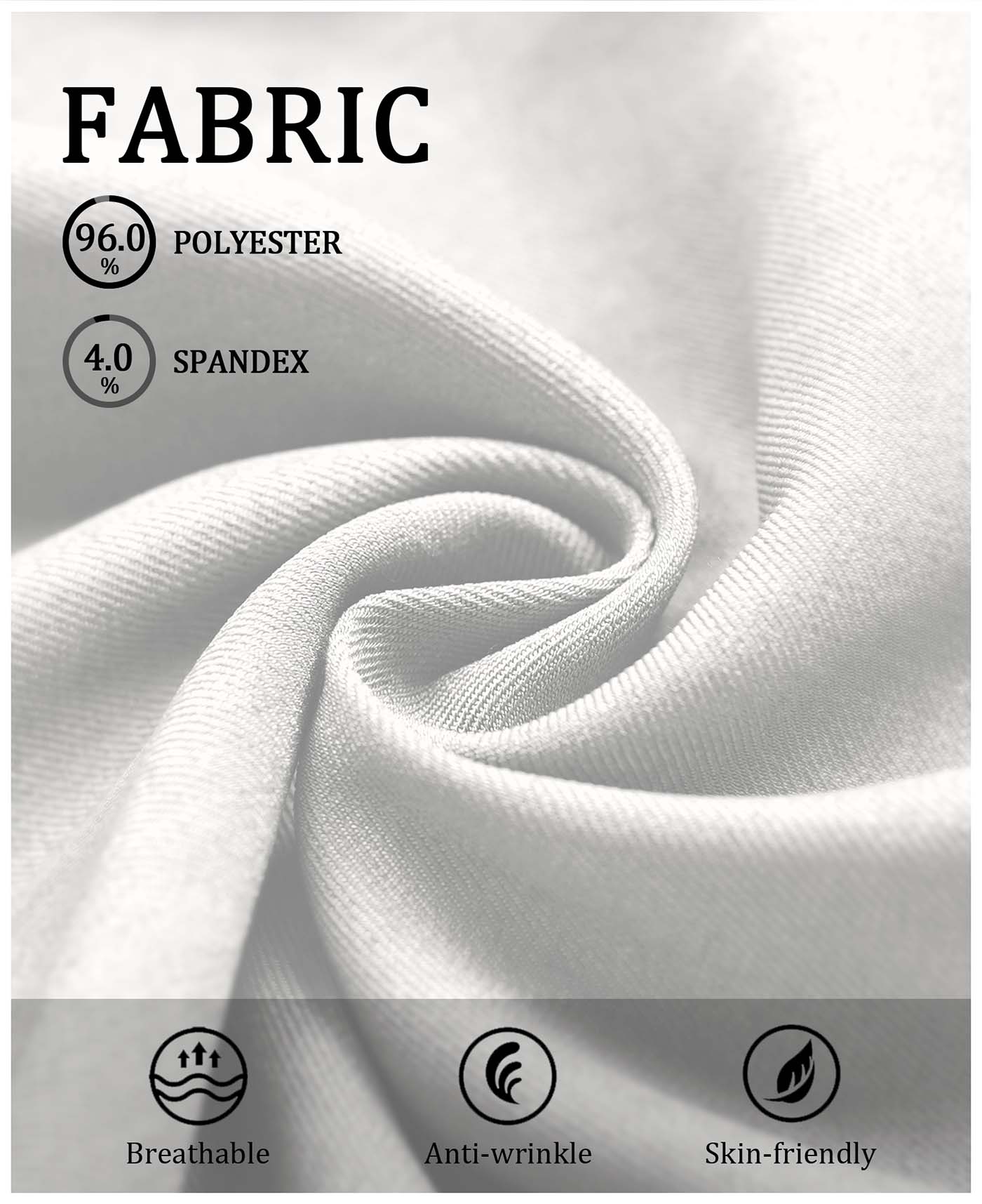 Fabric blend of 96% polyester & 4% spandex, noted for breathability, wrinkle-resistance, and skin-friendliness on these White Baggy Pleated Dress Pants for Men.