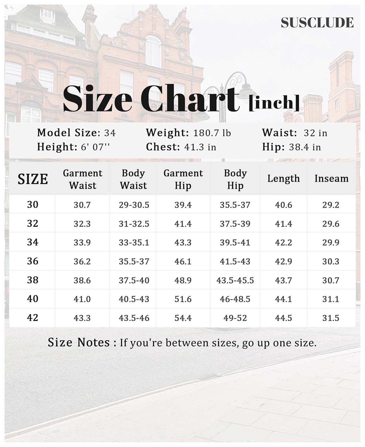 SUSCLUDE size chart for men's dress pants in inches¡ªwaist/hip measurements, recommended body sizes, inseam length, with advice to choose larger sizes between ranges.
