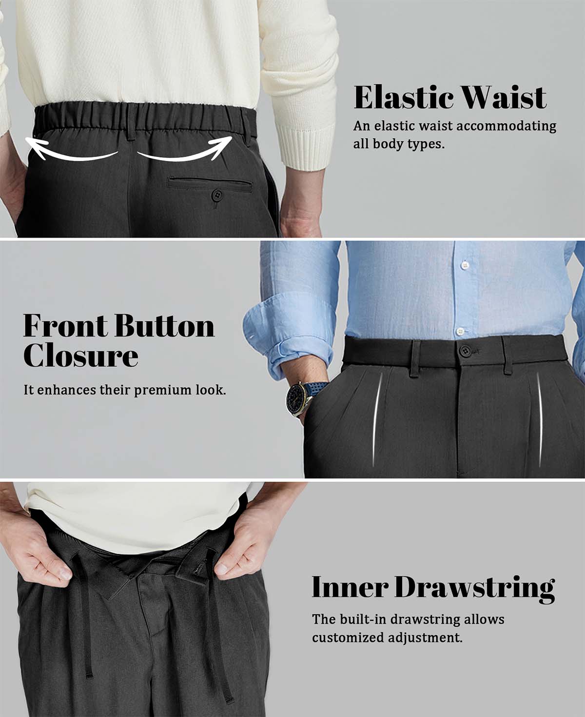 Design features: elastic waist (fits various body types), button front (adds sophistication), inner drawstring (adjustable fit).
