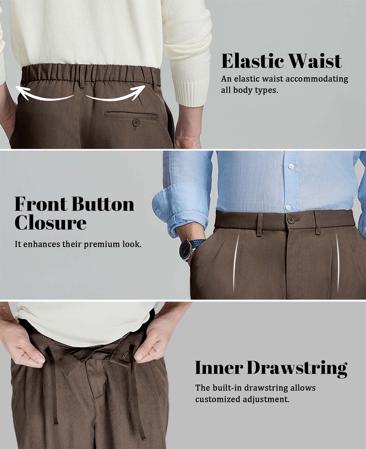 Design features: elastic waist (fits various body types), button front (adds sophistication), inner drawstring (adjustable fit).