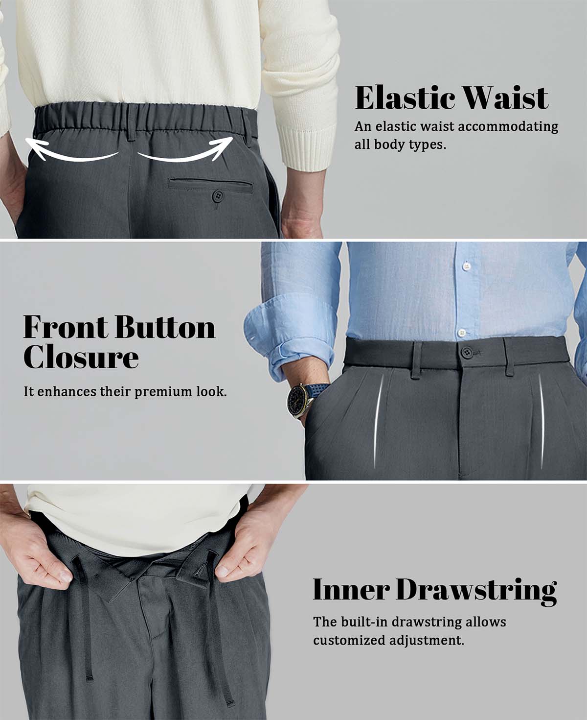 Design features: elastic waist (fits various body types), button front (adds sophistication), inner drawstring (adjustable fit).
