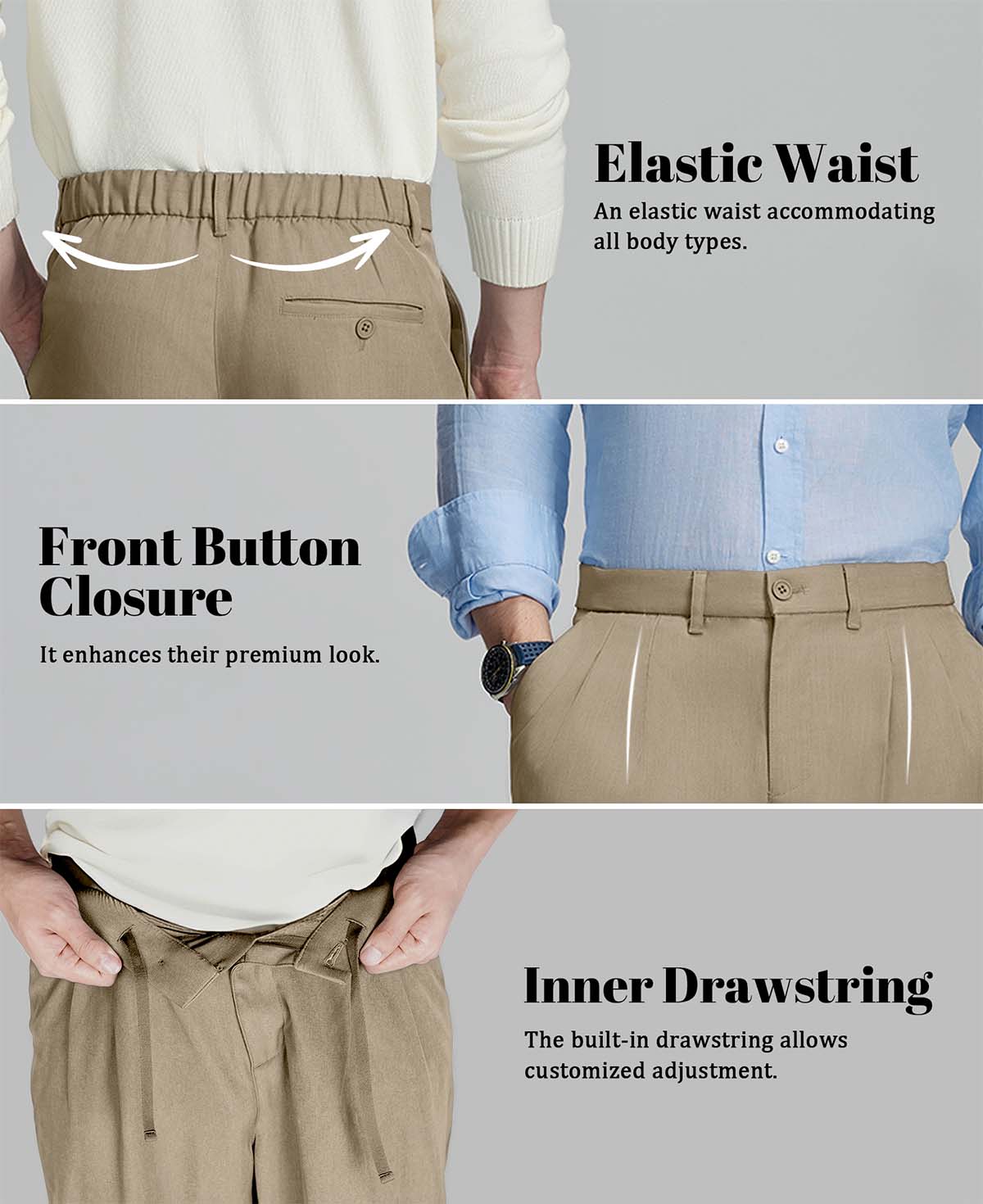 Design features: elastic waist (fits various body types), button front (adds sophistication), inner drawstring (adjustable fit).