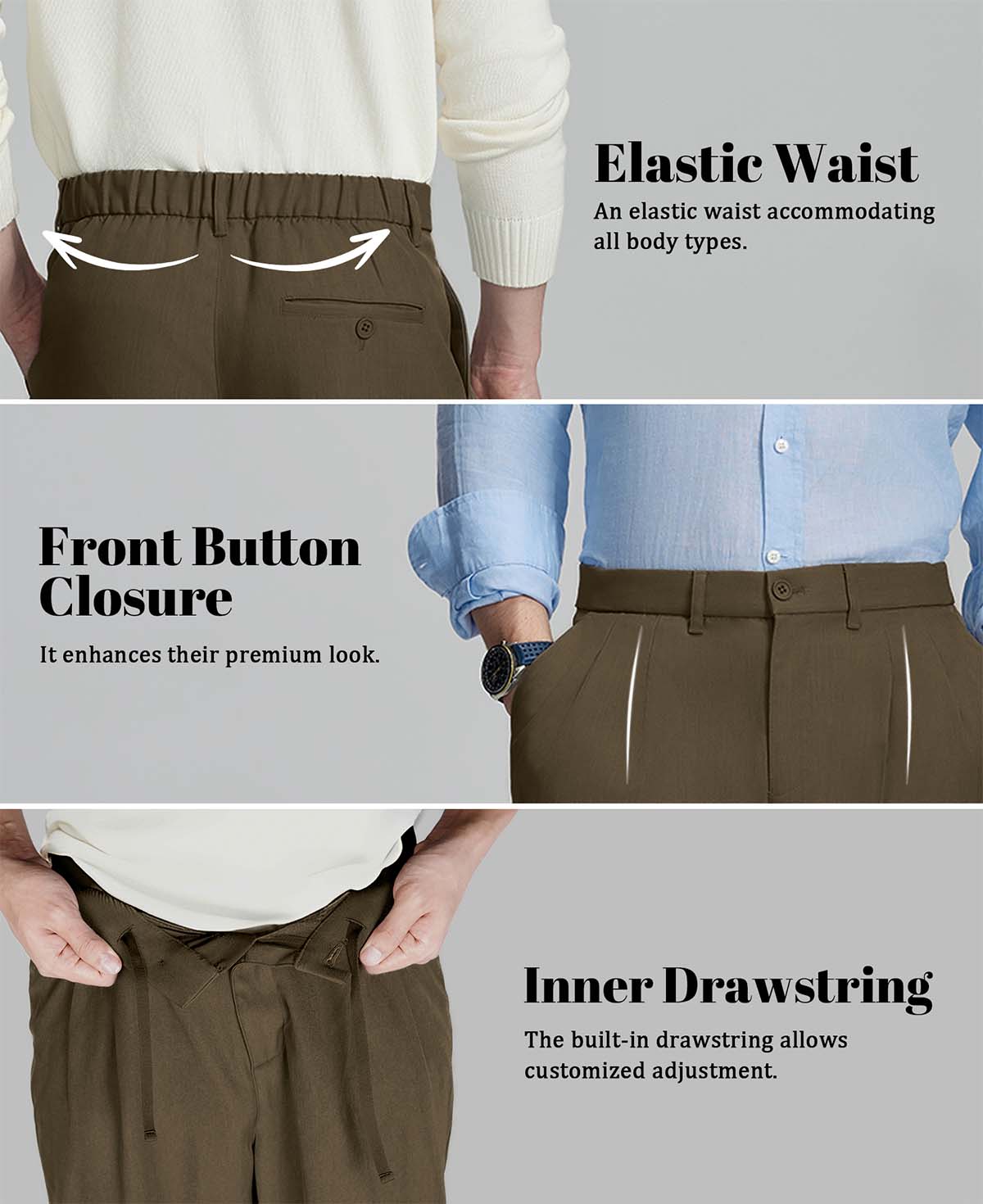 Design features: elastic waist (fits various body types), button front (adds sophistication), inner drawstring (adjustable fit).