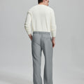 Back view showing elastic waistband and rear pockets on men's vintage-style light grey dress pants for enhanced comfort.