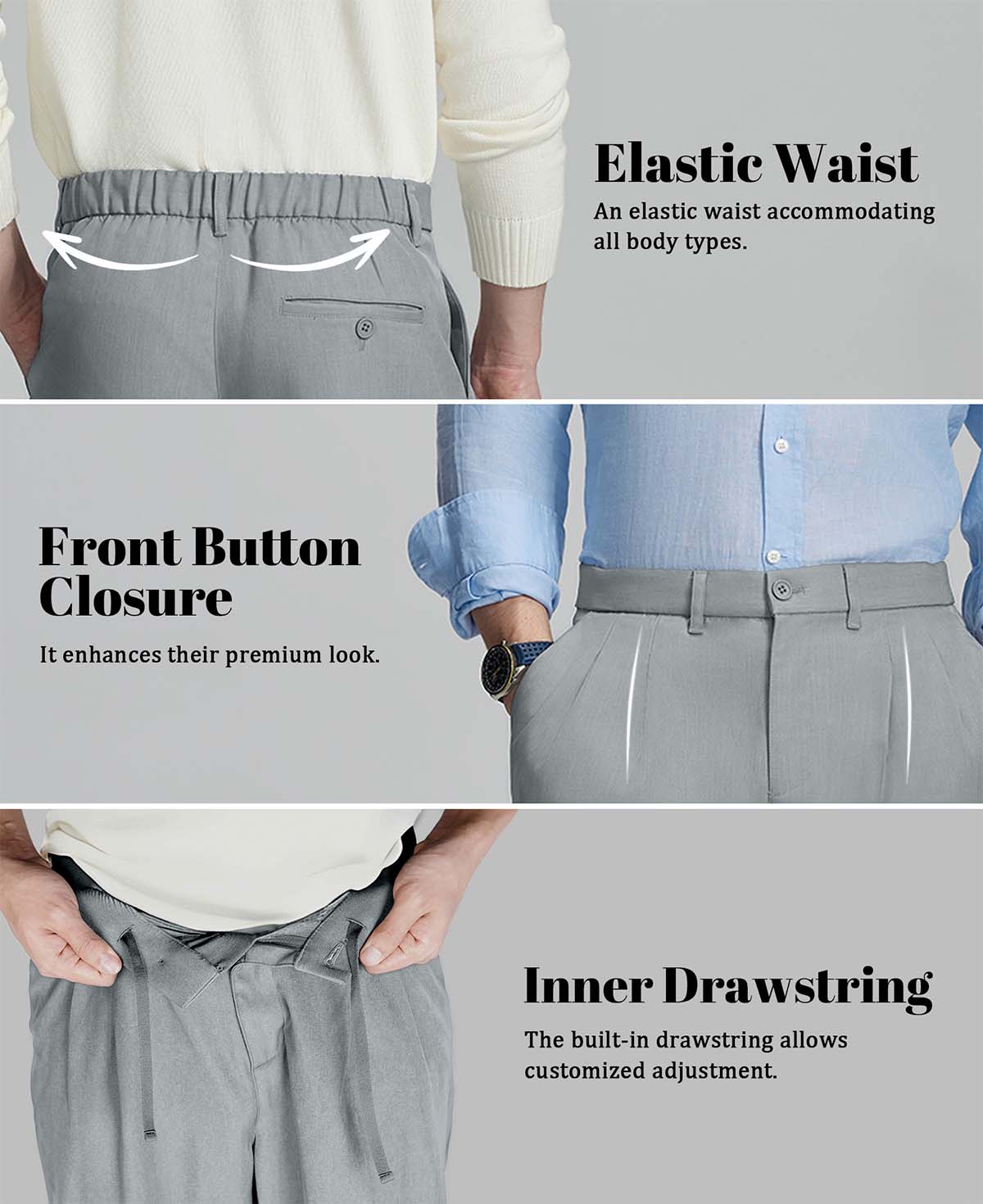 Design features: elastic waist (fits various body types), button front (adds sophistication), inner drawstring (adjustable fit).