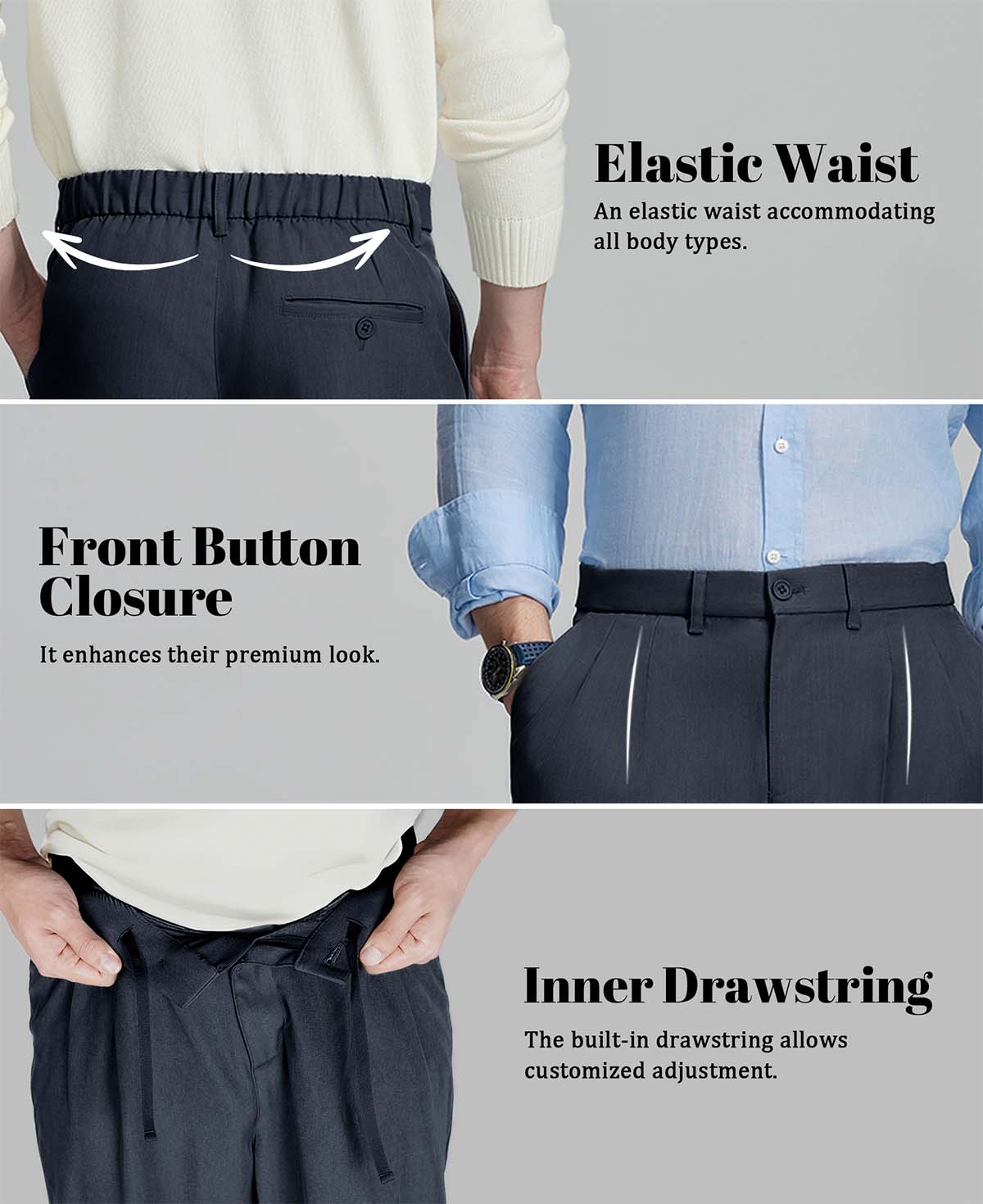 Design features: elastic waist (fits various body types), button front (adds sophistication), inner drawstring (adjustable fit).