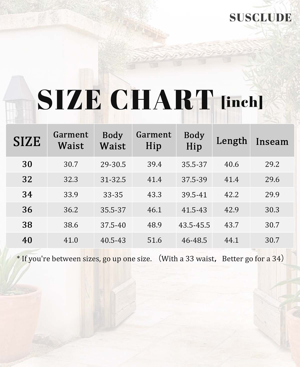 SUSCLUDE size chart (inches): garment vs body waist/hip, inseam, length, with advice to size up between ranges.