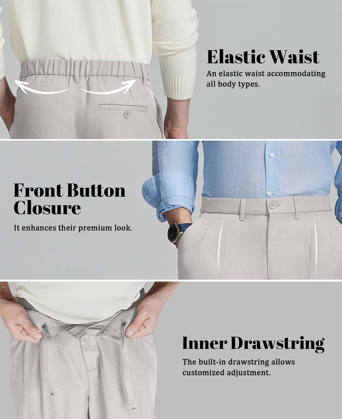 Design features: elastic waist (fits various body types), button front (adds sophistication), inner drawstring (adjustable fit).