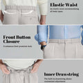Design features: elastic waist (fits various body types), button front (adds sophistication), inner drawstring (adjustable fit).