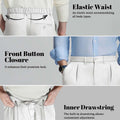 Design features: elastic waist (fits various body types), button front (adds sophistication), inner drawstring (adjustable fit).