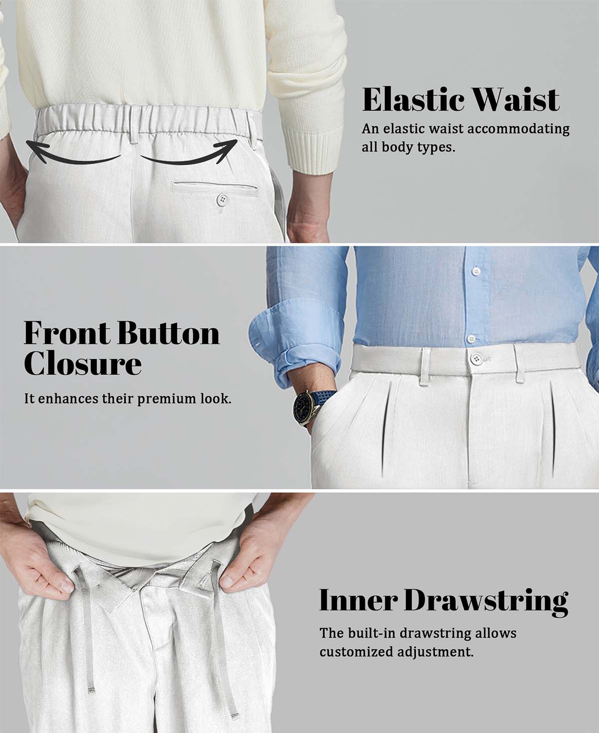 Design features: elastic waist (fits various body types), button front (adds sophistication), inner drawstring (adjustable fit).