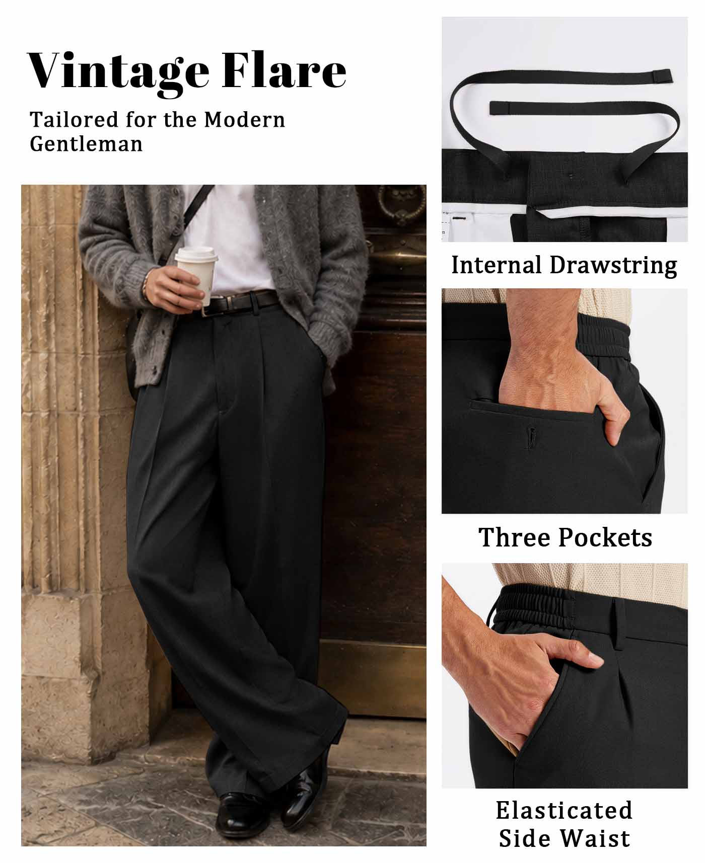 Mens Bootcut Casual Dress Pants — Wide Leg & Drawstring