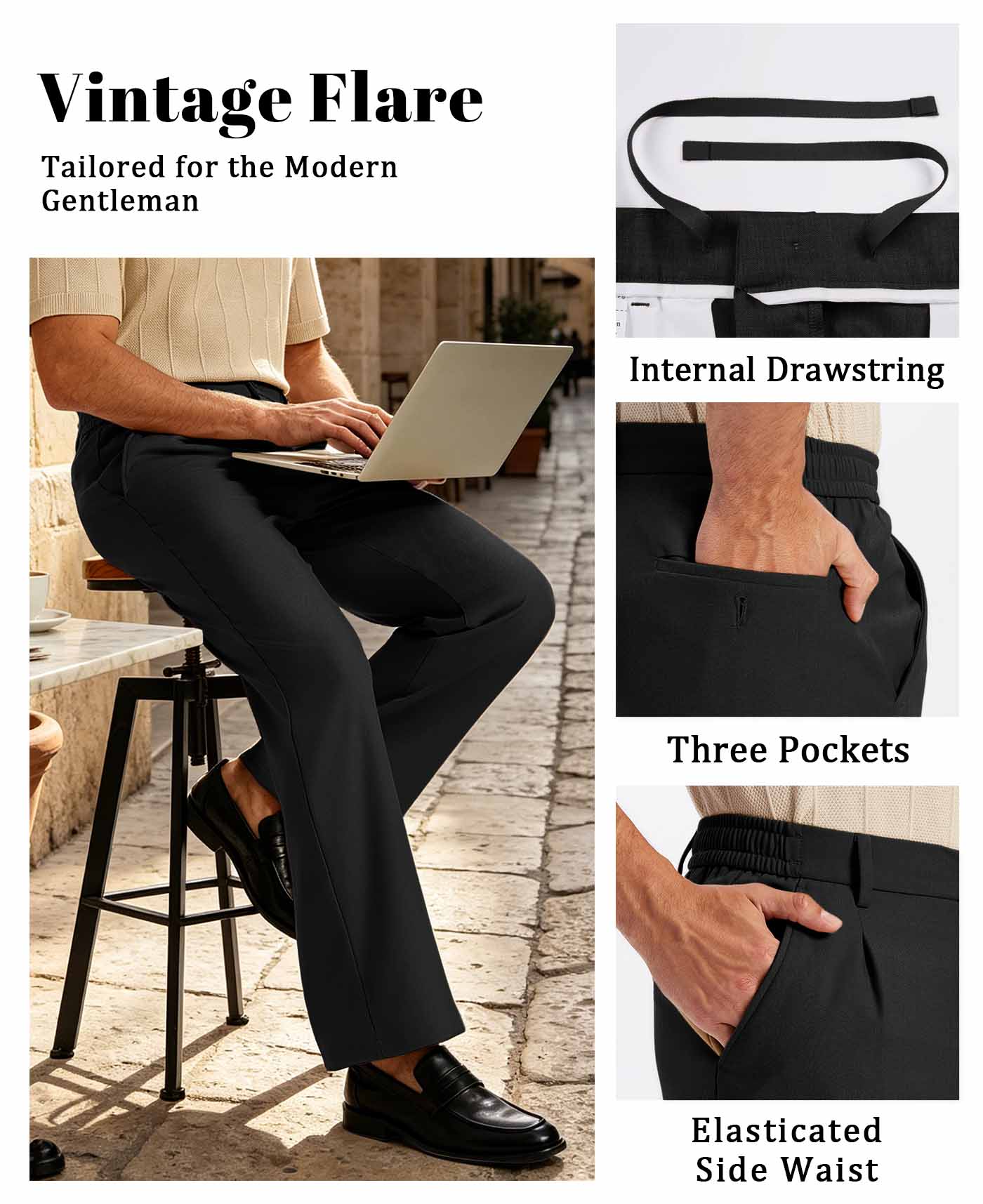 Mens Bootcut Casual Dress Pants — Wide Leg & Drawstring