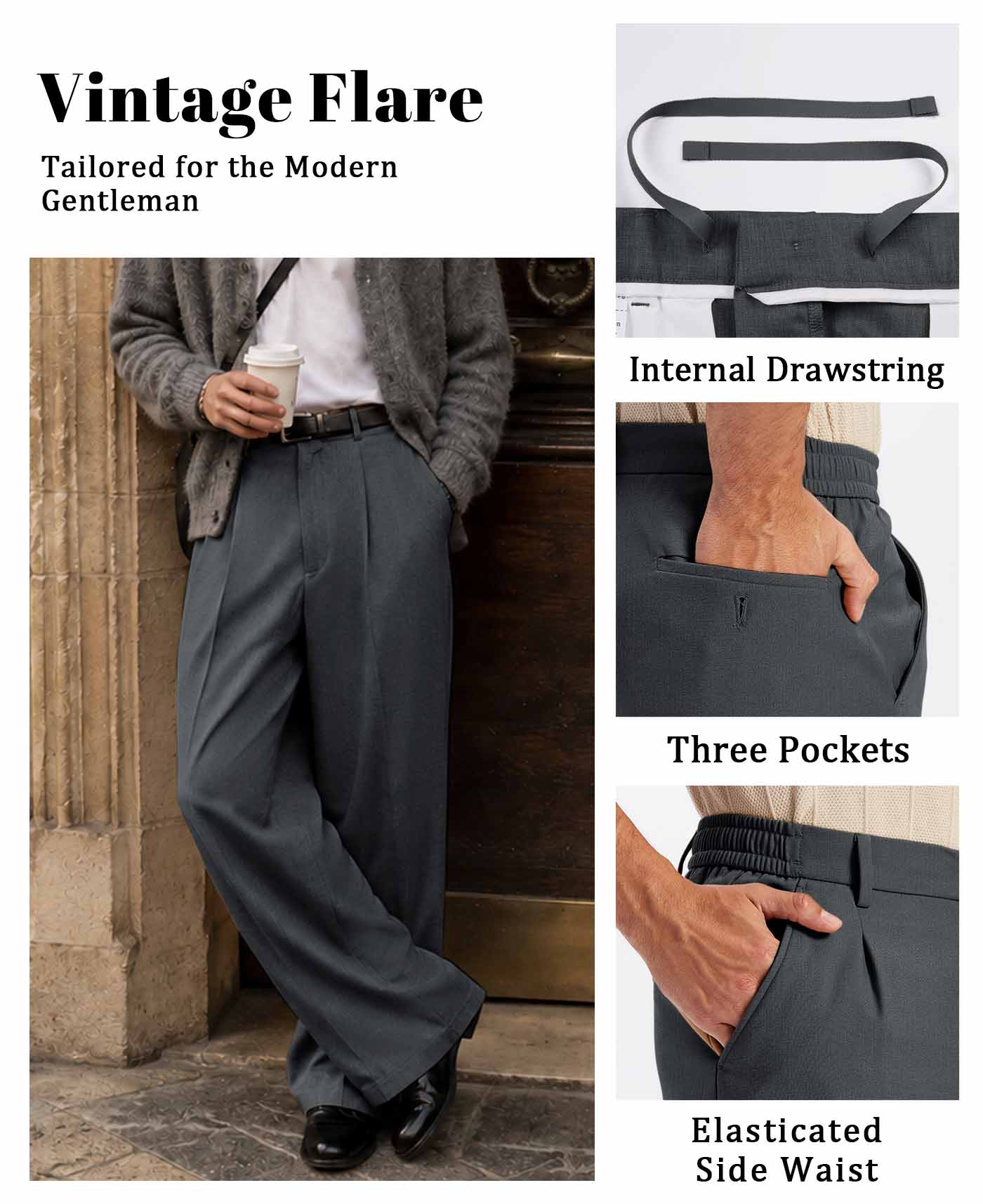 Mens Bootcut Casual Dress Pants — Wide Leg & Drawstring