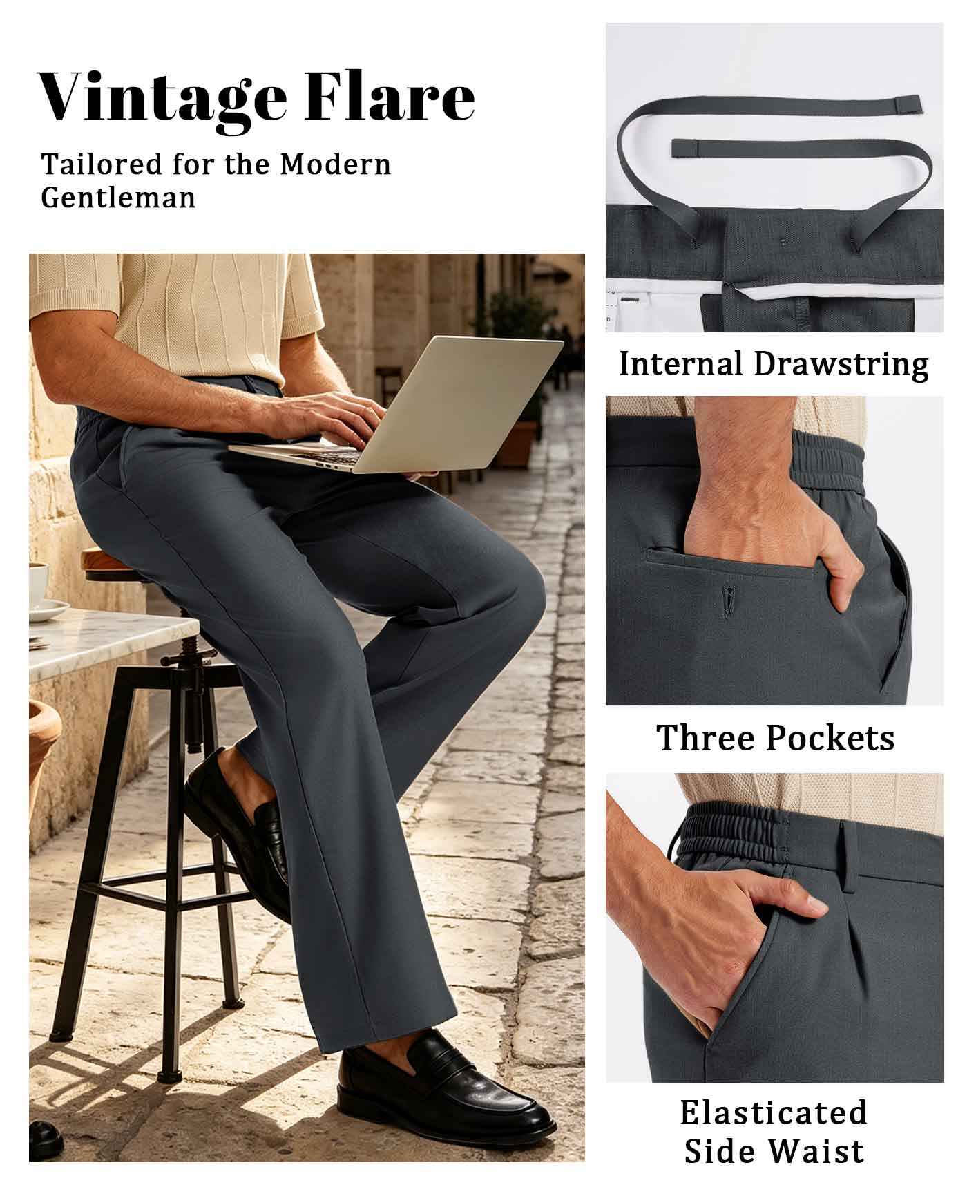 Mens Bootcut Casual Dress Pants — Wide Leg & Drawstring