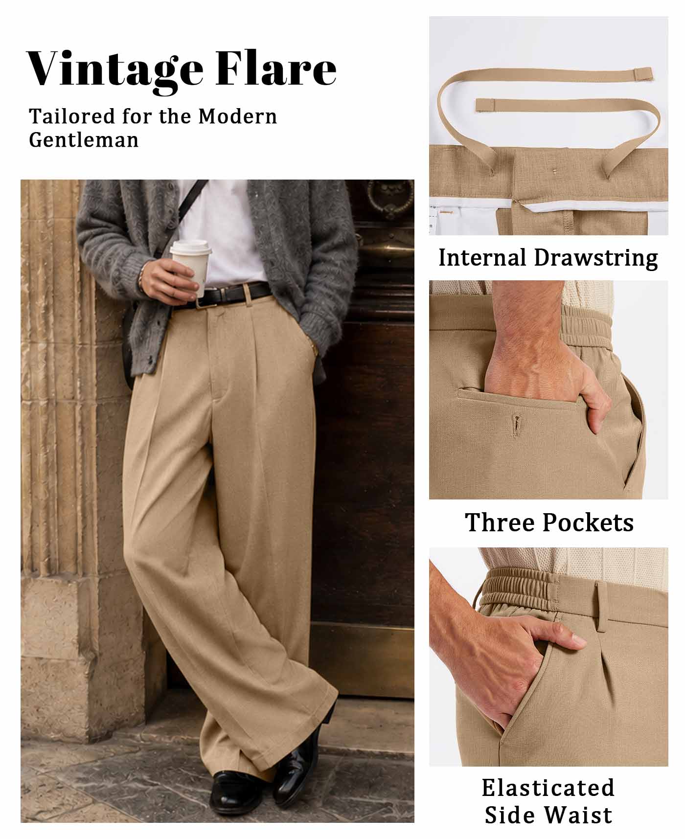 Mens Bootcut Casual Dress Pants — Wide Leg & Drawstring