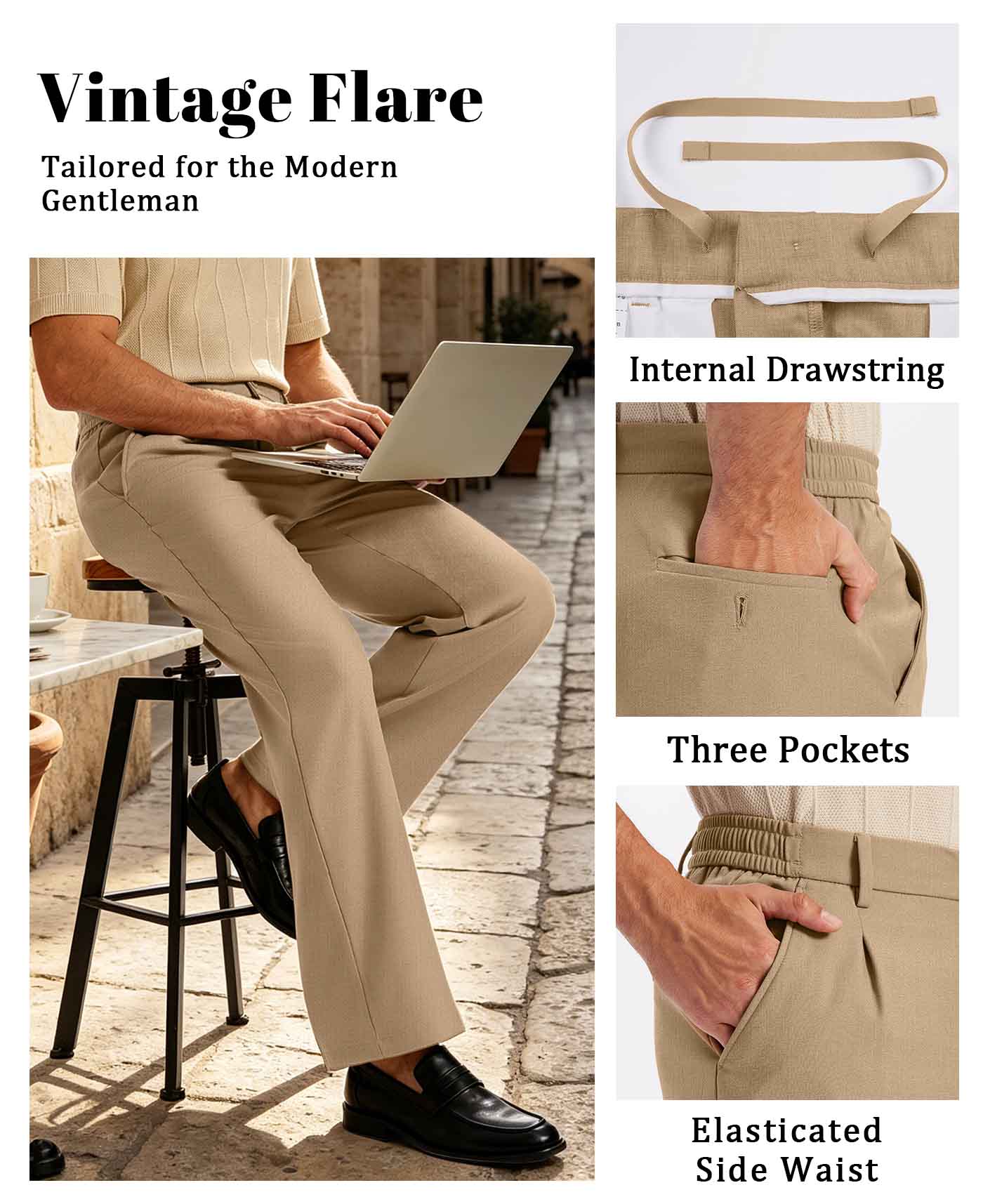 Mens Bootcut Casual Dress Pants — Wide Leg & Drawstring