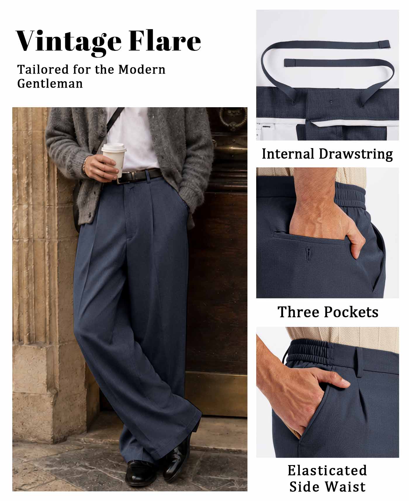 Mens Bootcut Casual Dress Pants — Wide Leg & Drawstring