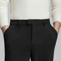 Close-up of waistband on Men's Corduroy Dress Pants, highlighting textured corduroy and tailored fit.