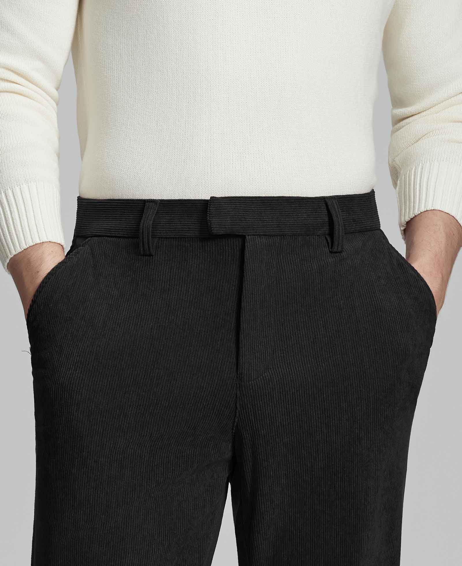 Close-up of waistband on Men's Corduroy Dress Pants, highlighting textured corduroy and tailored fit.