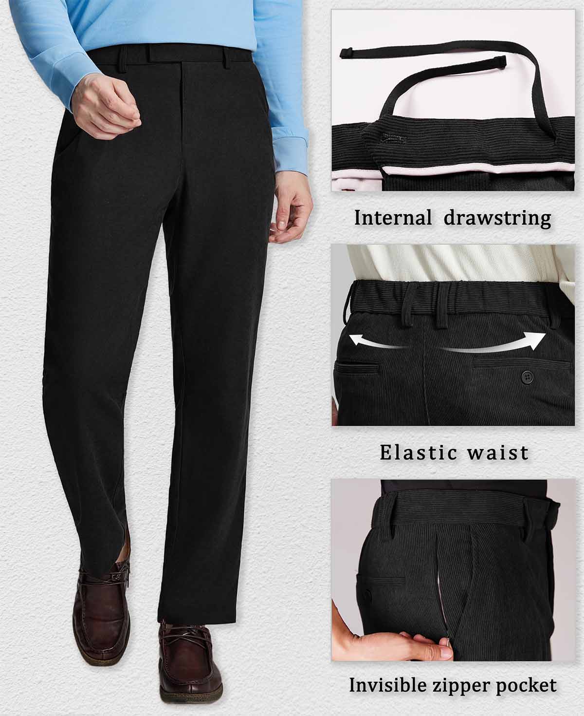 Features: built-in drawstring, elastic waist, hidden zipper pockets, enhancing comfort and practicality on Men's Corduroy Dress Pants.