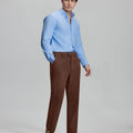Model in light blue shirt and coffee Men's Corduroy Dress Pants, showcasing smart business casual style.