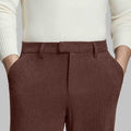 Close-up of waistband on Men's Corduroy Dress Pants, highlighting textured corduroy and tailored fit.