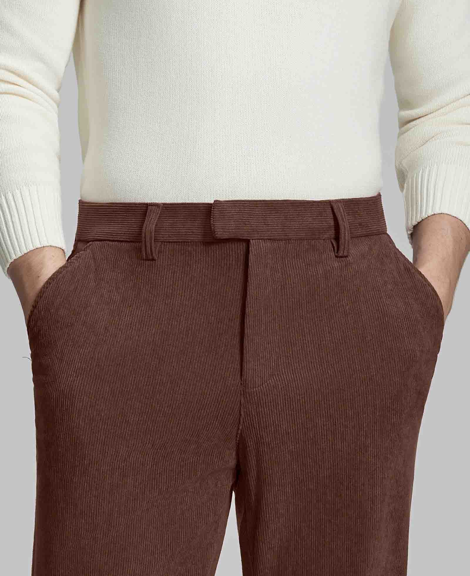 Close-up of waistband on Men's Corduroy Dress Pants, highlighting textured corduroy and tailored fit.