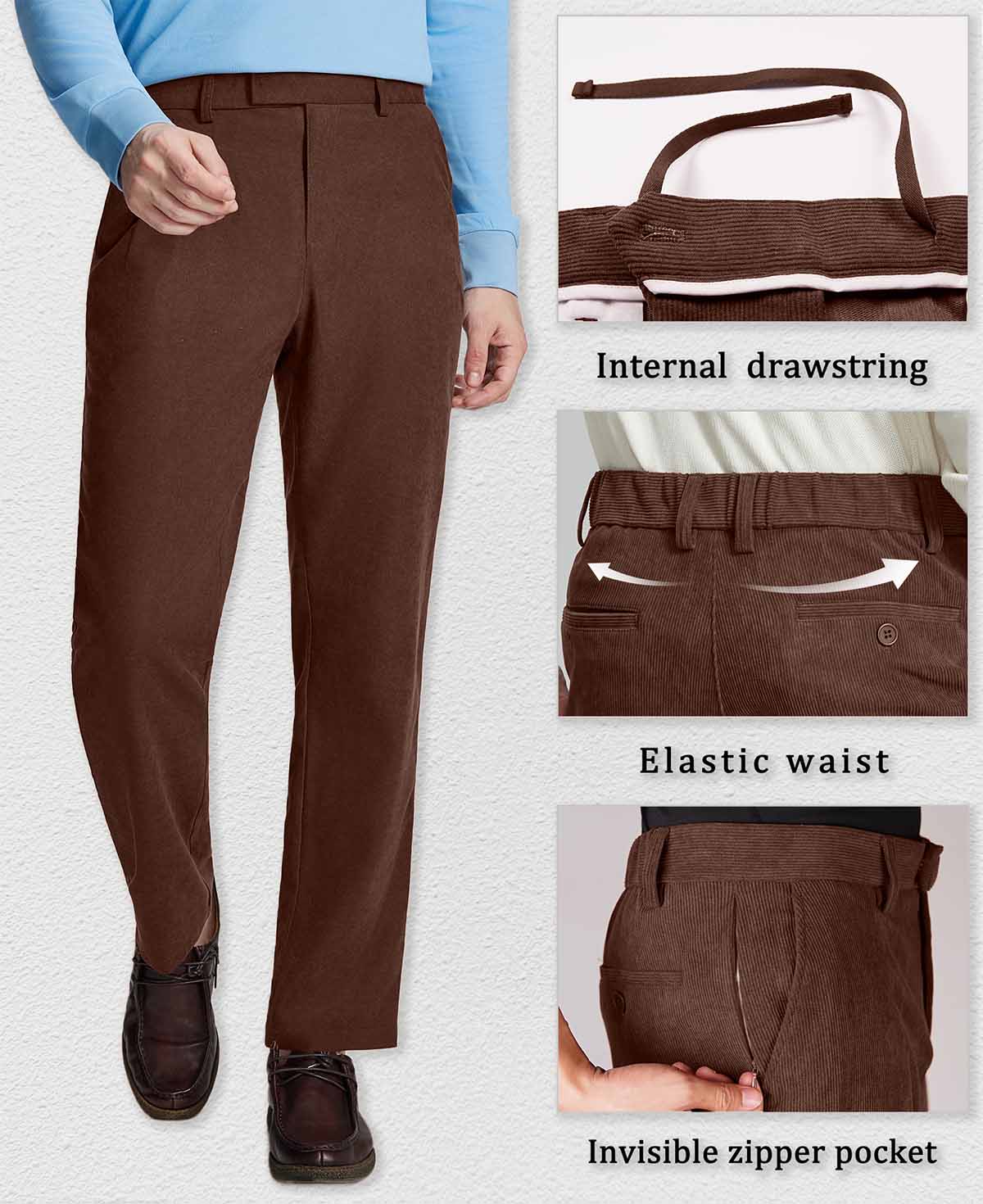 Features: built-in drawstring, elastic waist, hidden zipper pockets, enhancing comfort and practicality on Men's Corduroy Dress Pants.