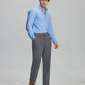 Model in light blue shirt and grey Men's Corduroy Dress Pants, showcasing smart business casual style.