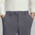 Close-up of waistband on Men's Corduroy Dress Pants, highlighting textured corduroy and tailored fit.