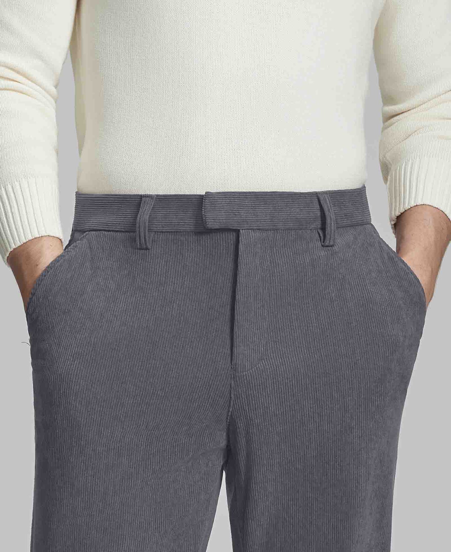 Close-up of waistband on Men's Corduroy Dress Pants, highlighting textured corduroy and tailored fit.
