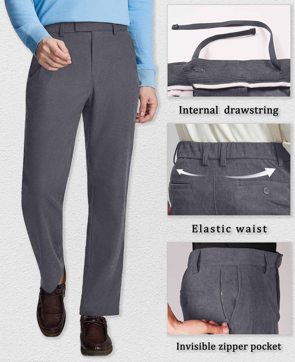 Features: built-in drawstring, elastic waist, hidden zipper pockets, enhancing comfort and practicality on Men's Corduroy Dress Pants.